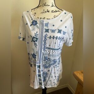 Johnny Was White Cotton Tee Shirt Tunic Blue Floral Embroidered Size M euc